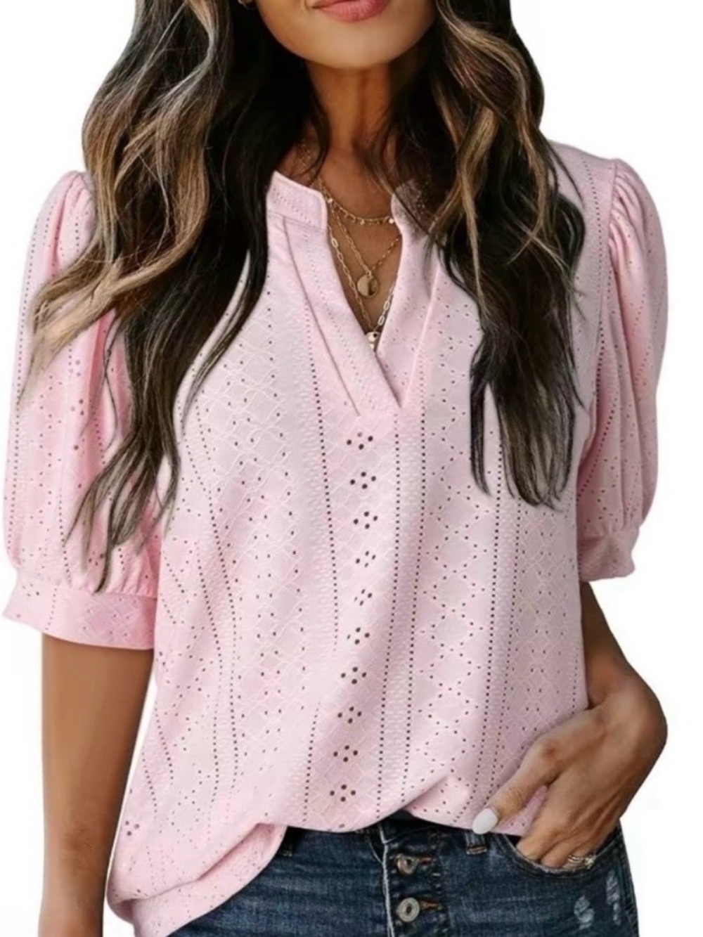 Dokotoo Pink Eyelet Blouse “L” NWT Puff Sleeve Split Neck Business Casual Top
